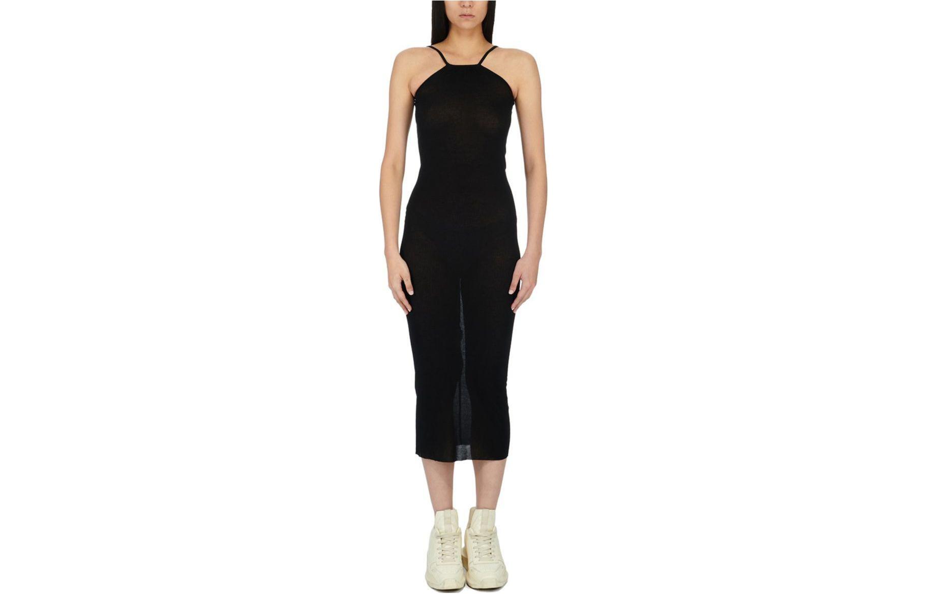 (Women) RICK OWENS Solid Silk Ribbed Midi Slip Dress Women’s Black. RP01D2550RC-09