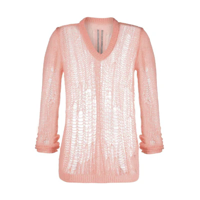(Women) Rick Owens SS22 Distressed V-Neck Knit Pullover Sweater Pink Womens RO01B4623KNETMH