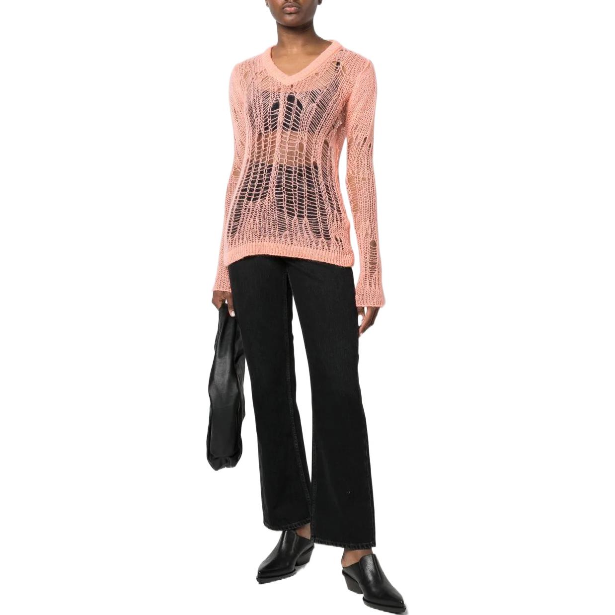 Lookbook (Women) Rick Owens SS22 Distressed V-Neck Knit Pullover Sweater Pink Womens RO01B4623KNETMH