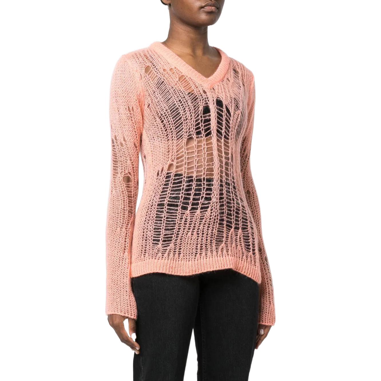 Purchase (Women) Rick Owens SS22 Distressed V-Neck Knit Pullover Sweater Pink Womens RO01B4623KNETMH