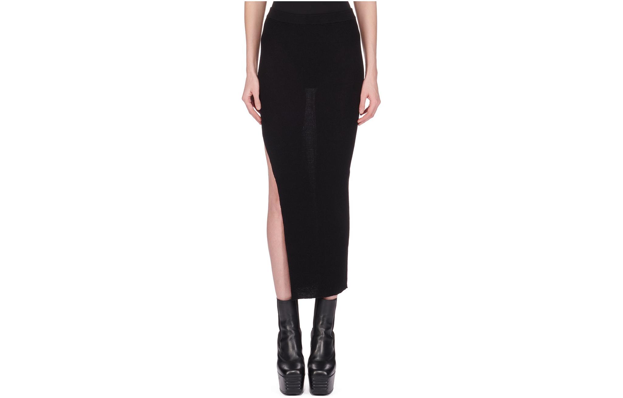 (Women) RICK OWENS SS24  Black Knitted Side-Slit Midi Skirt RP01D2634RIBM-09