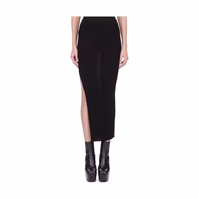 (Women) RICK OWENS SS24 Black Knitted Side-Slit Midi Skirt RP01D2634RIBM-09
