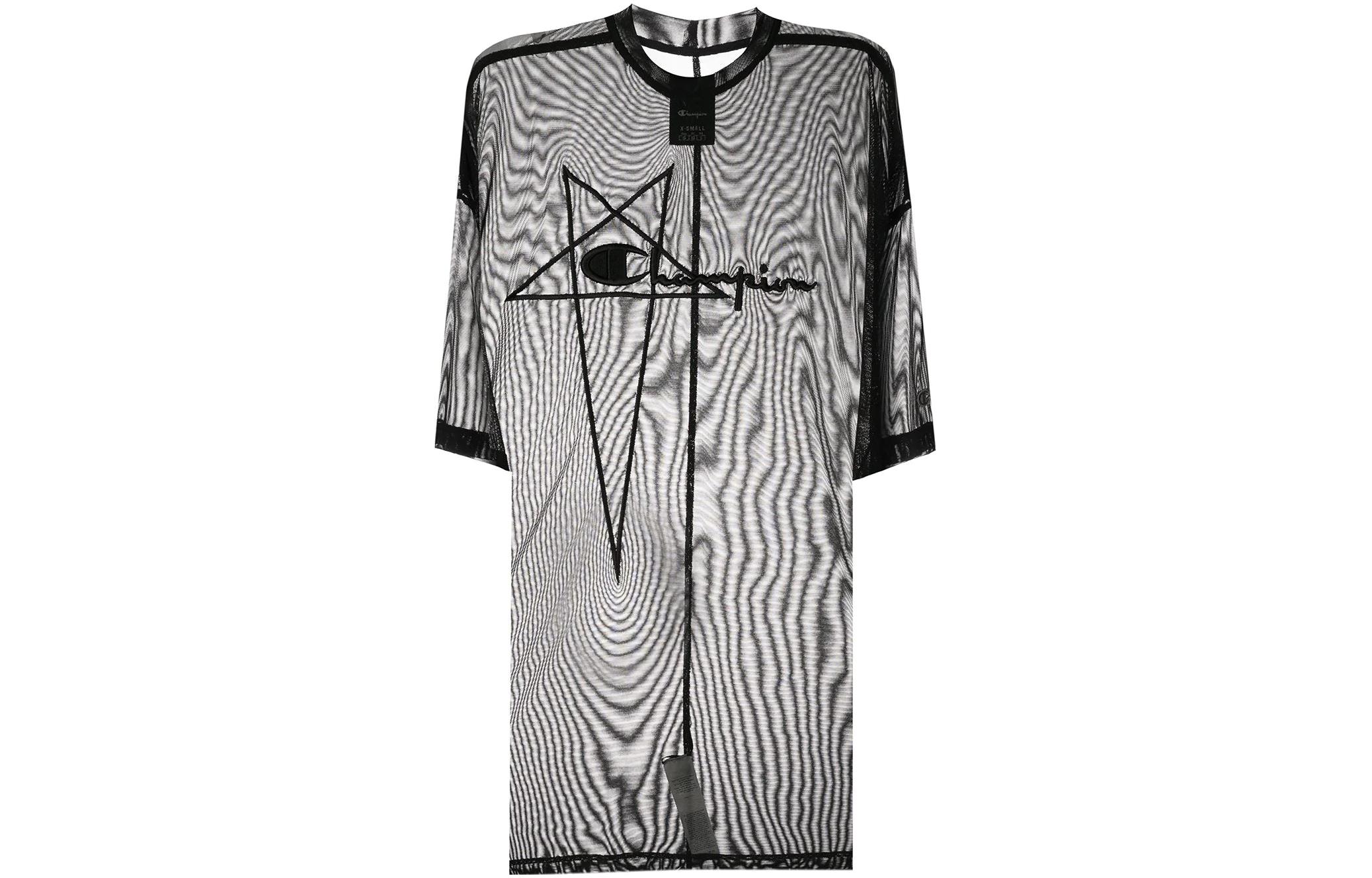 (Women) RICK OWENS x Champion SS22 Sheer Black Mesh Logo  T-Shirt. CW01B5377CHMNET-09