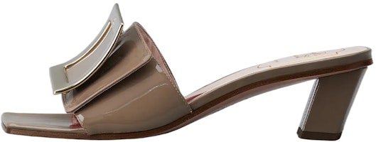 (Women) Roger Vivier 'Beige Patent Leather Metal Buckle Block Heel Square Toe Mule' RVW65832800D1PC415 (Women) Roger Vivier 'Beige Patent Leather Metal Buckle Block Heel Square Toe Mule' RVW65832800D1PC415