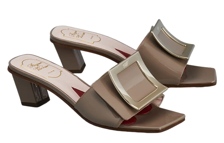 Order (W) Roger Vivier Beige Lakleer Metalen Gesp Blokhak Vierkante Neus Mule RVW65832800D1PC415