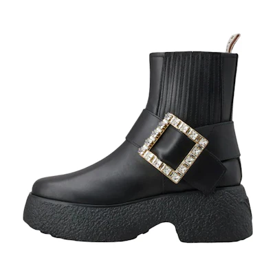 (W) Roger Vivier 'Black Crystal Buckle Leather Platform Ankle Boot'