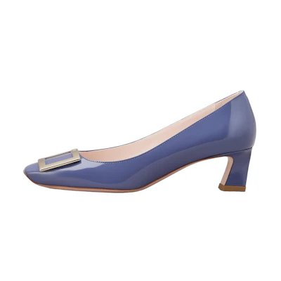 (W) Roger Vivier 'Blue Patent Square Toe Chunky Heel with Metal Buckle'