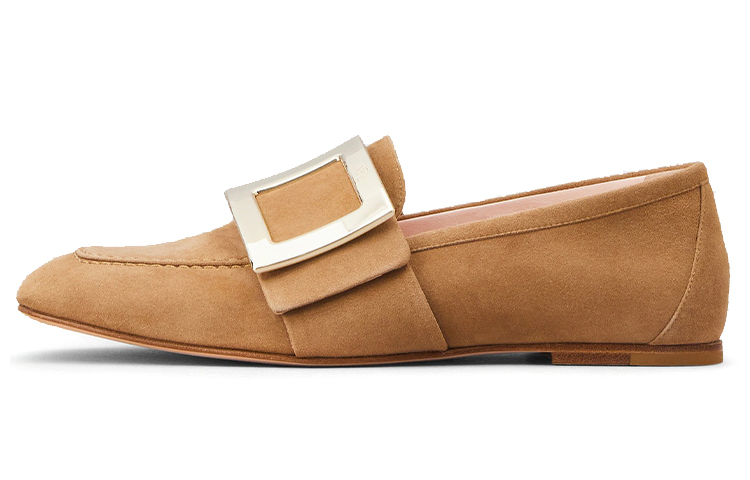 (W) Roger Vivier 'Brown Buckle Suede Leather Flats'
