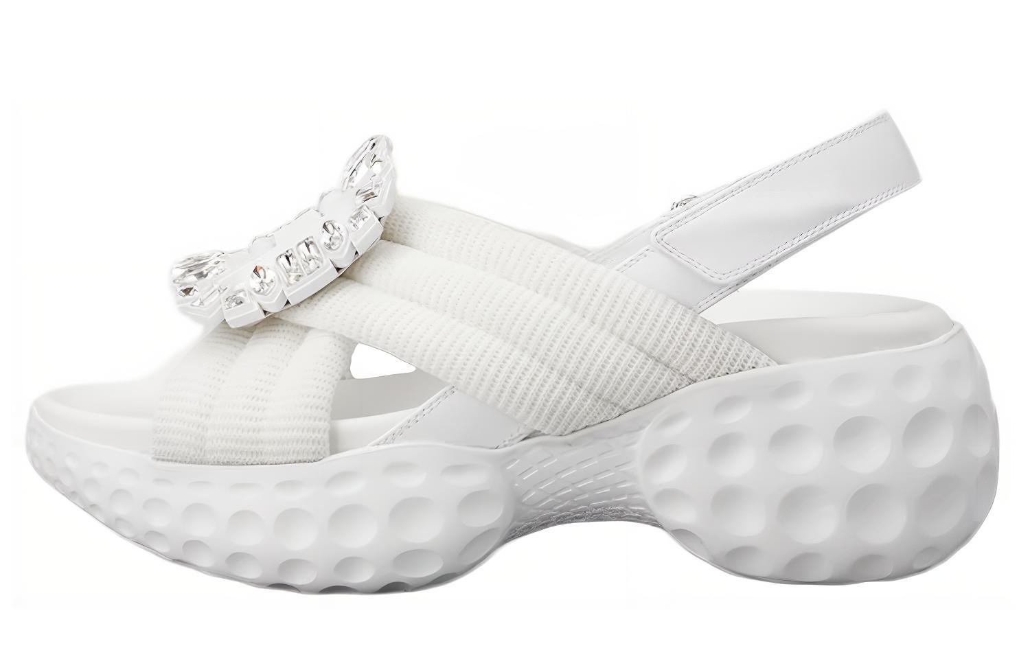 (W) Roger Vivier 'White Crystal Buckle Fabric Sandals'
