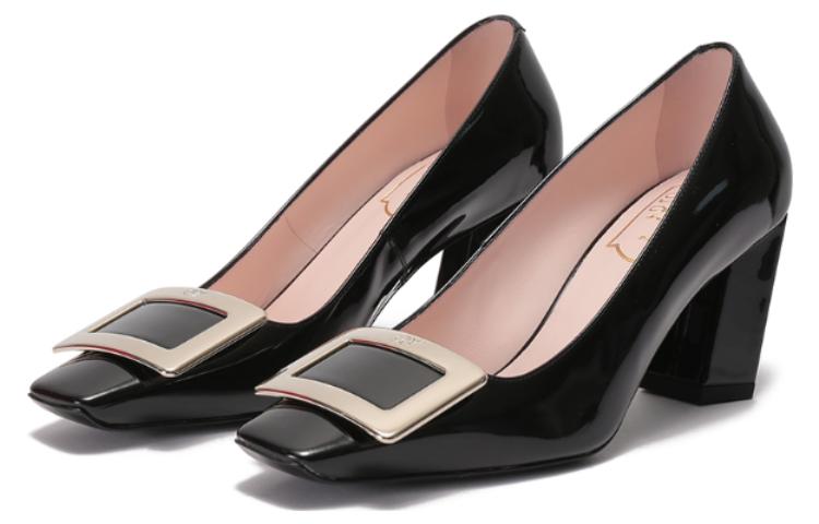 Lookbook Roger Vivier 羅傑維維亞 Belle Vivier 漆皮 金屬方扣淺口 粗跟 高跟鞋 7.5cm 女款 黑色