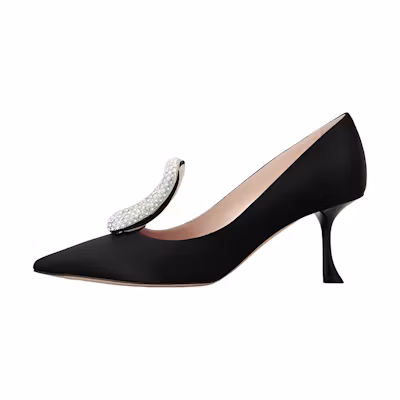 (W) Roger Vivier Belle Vivier 'Black Satin Crystal Buckle'