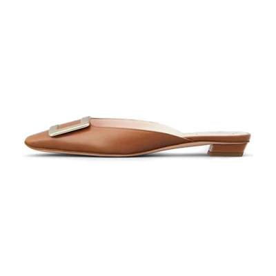 (W) Roger Vivier Belle Vivier 'Metal Buckle Brown Leather Flats'