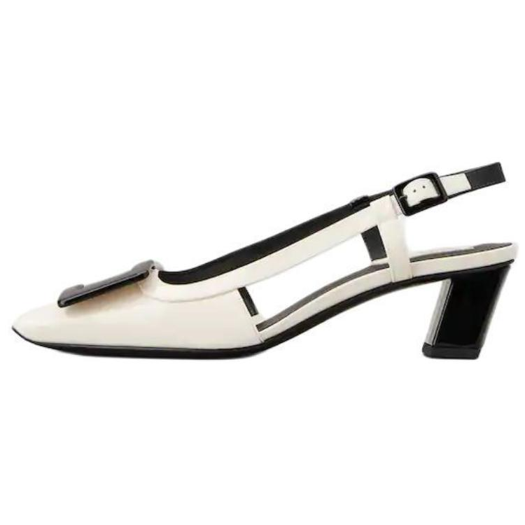 (Women) Roger Vivier Belle Vivier Patent Leather Square-Toe Buckle Heels 4.5cm White Black Women RVW00639910D1P0G45