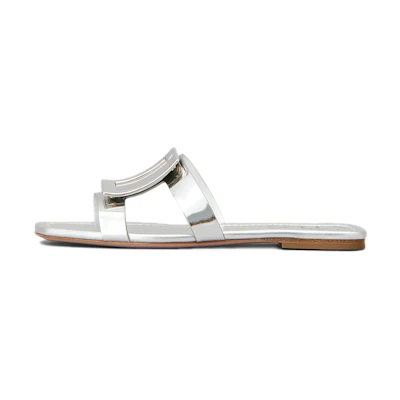 (W) Roger Vivier Bikiviv 'Silver Metal Buckle Leather Mules'