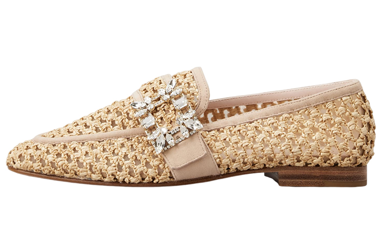 (W) Roger Vivier Broche Vivier 'Mesh Rafia Crystal Buckle Loafers Beige'