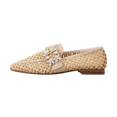 (W) Roger Vivier Broche Vivier 'Mesh Rafia Crystal Buckle Loafers Beige'