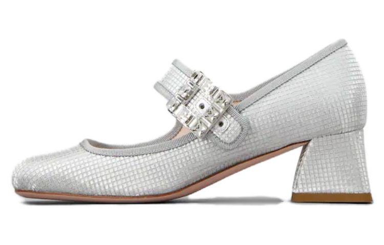 (Women) Roger Vivier Fabric Round-Toe Buckle Block Heel 4.5cm 'Silver' RVW51936130S77B200
