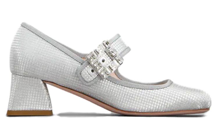 Order (Women) Roger Vivier Fabric Round-Toe Buckle Block Heel 4.5cm 'Silver' RVW51936130S77B200