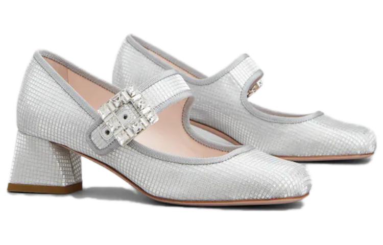 Lookbook (Women) Roger Vivier Fabric Round-Toe Buckle Block Heel 4.5cm 'Silver' RVW51936130S77B200