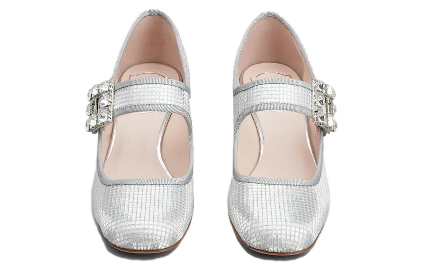 Shop (Women) Roger Vivier Fabric Round-Toe Buckle Block Heel 4.5cm 'Silver' RVW51936130S77B200