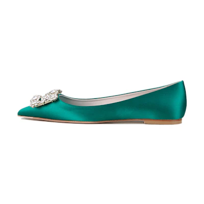 (W) Roger Vivier Flower Silk Satin 'Green Crystal Ballet Flats'
