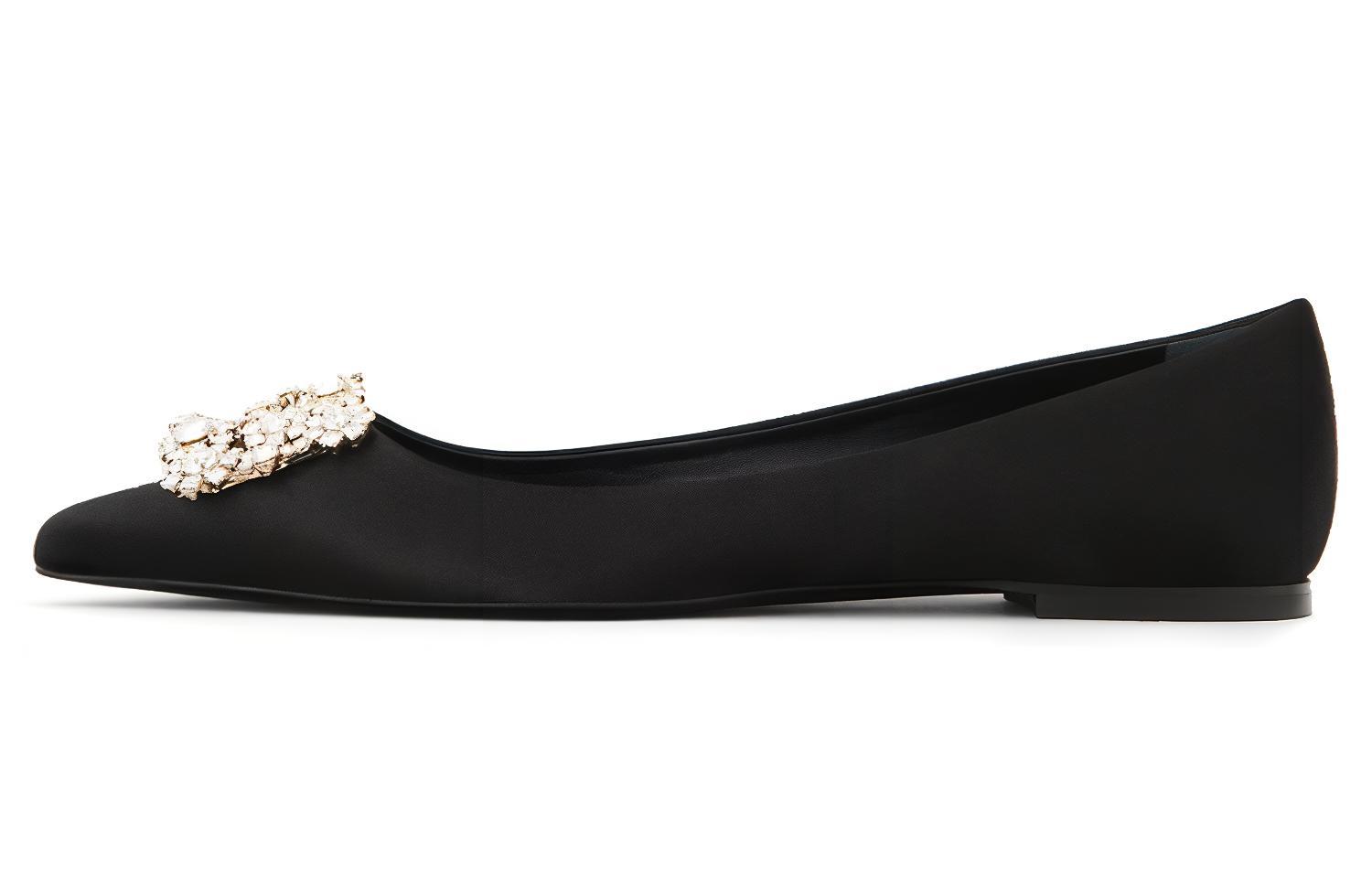 (Women) Roger Vivier Flower Strass 'Black Satin Buckle Ballet Flats' RVW31317620RS0B999