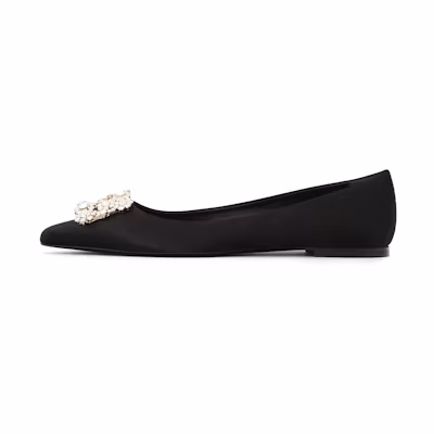 (W) Roger Vivier Flower Strass 'Black Satin Buckle Ballet Flats'
