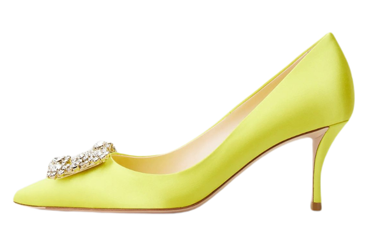(W) Roger Vivier Flower Strass Buckle High Heels 'Yellow Satin'