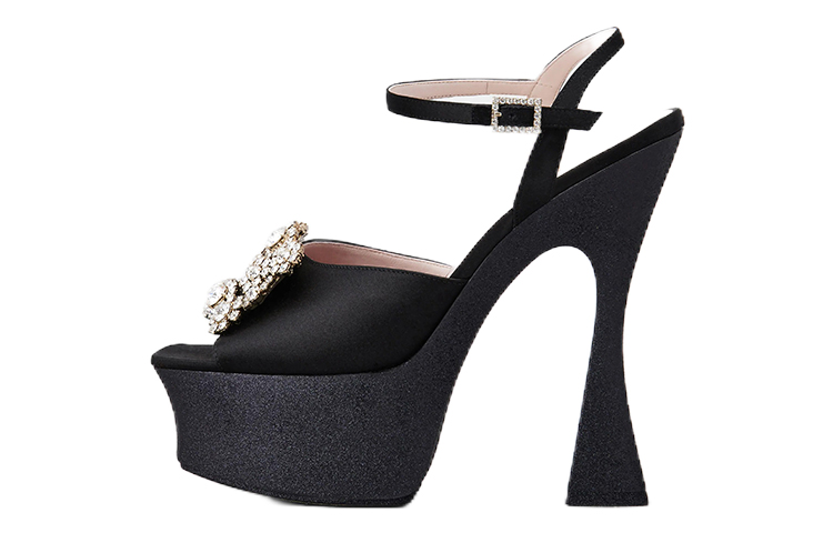 (Women) Roger Vivier Flower Strass Buckle Platform Sandals 'Black Satin' RVW66230280RS0B999
