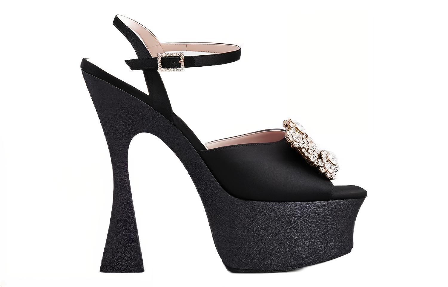 Order (W) Roger Vivier Flower Strass Gesp Plateau Sandalen ''Zwart Satin'' RVW66230280RS0B999