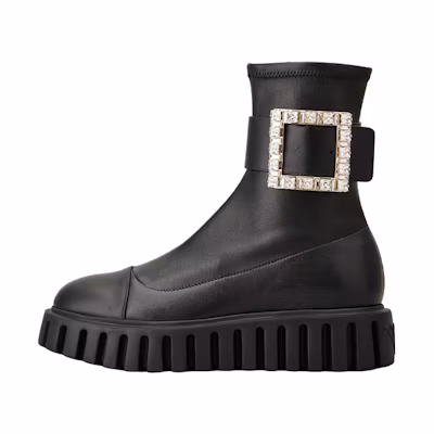 (W) Roger Vivier Leather Ankle Boot 'Crystal Buckle Black'