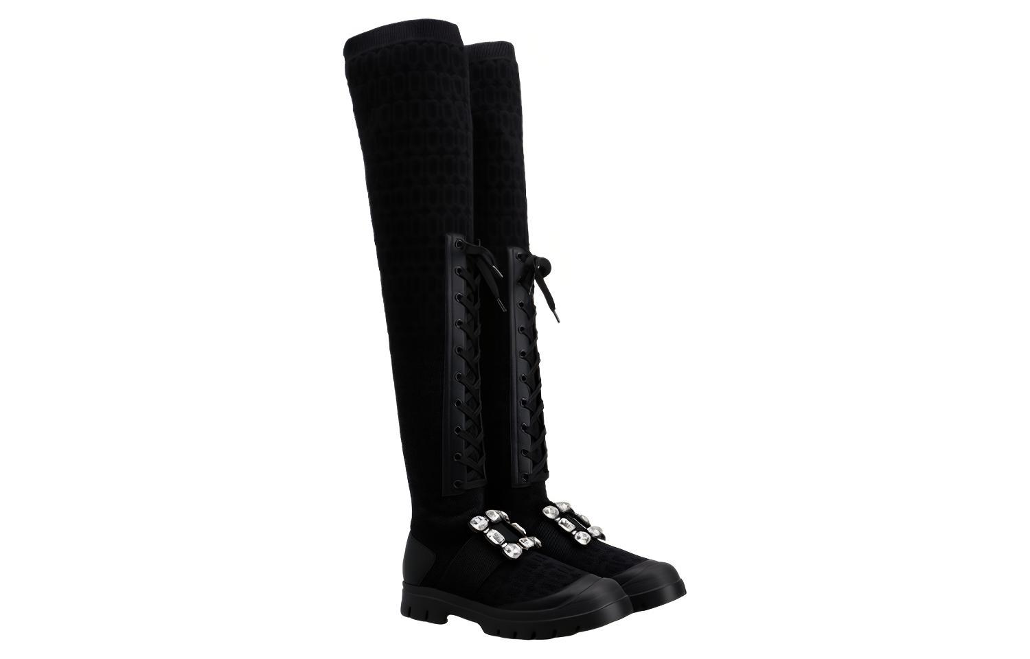 (W) Roger Vivier Leather High-Top Boots with Crystal Buckle 'Black' 圖 3