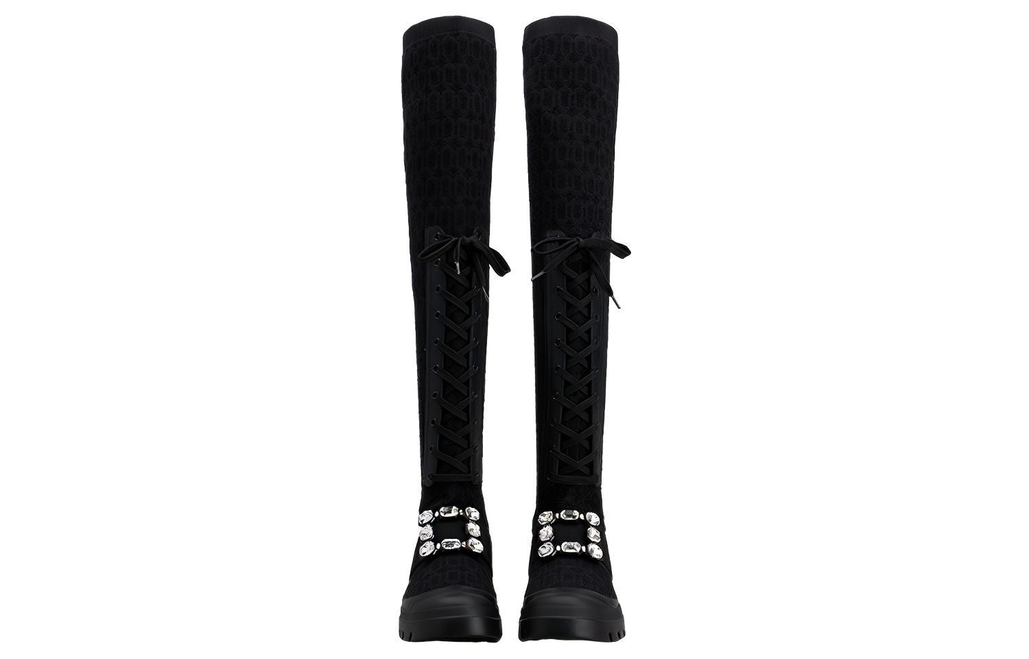 Shop (Women) Roger Vivier Leather High-Top Boots with Crystal Buckle 'Black' RVW62833680ERIB999