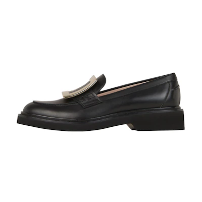 (W) Roger Vivier Leather Round-Toe Slip-On Loafers with Metal Buckle 'Black'