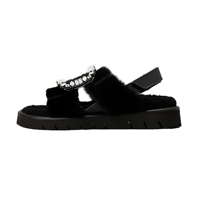 (W) Roger Vivier Leather Velcro Fashion Sandals 'Crystal Buckle Black'