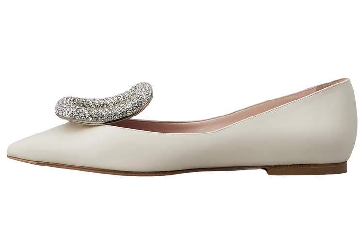 (W) Roger Vivier Leather White 'Crystal Buckle Pointed Flats'