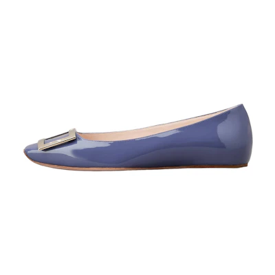 (W) Roger Vivier Patent Flats 'Metal Buckle Square Toe Blue'