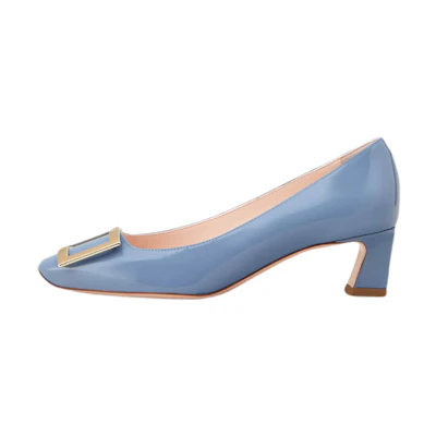 (W) Roger Vivier Patent Leather 4.5cm 'Metal Buckle Light Blue Block Heel'