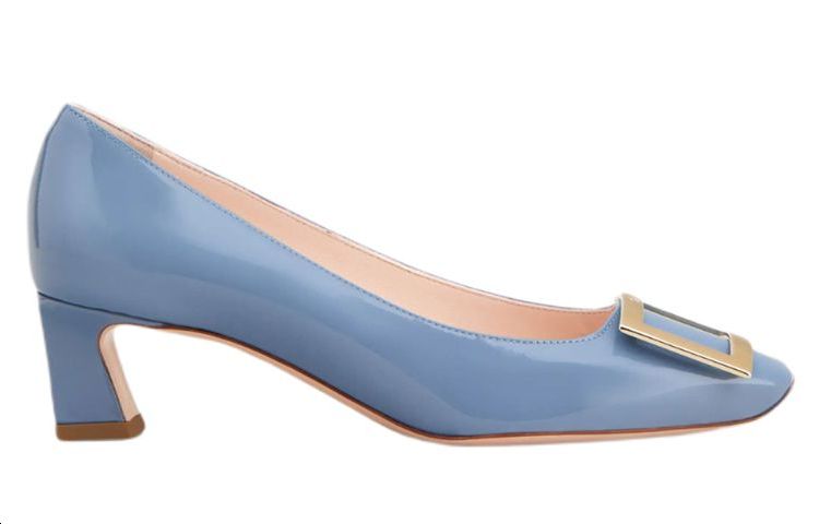 Order (W) Roger Vivier Kulit Kilap 4.5cm 'Block Heels Biru Muda Gesper Logam' RVW44815280D1PU011