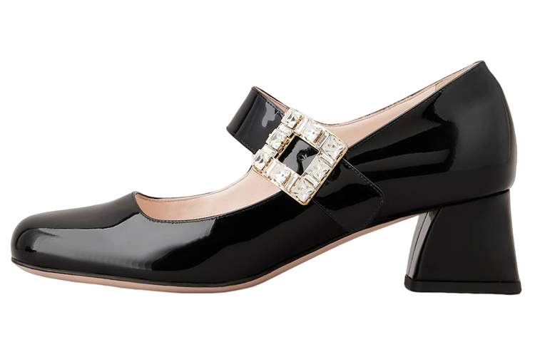 (W) Roger Vivier Patent Leather 'Black Buckle Block Heel'