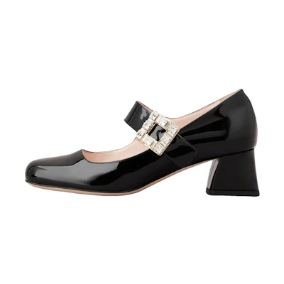 (W) Roger Vivier Patent Leather 'Black Buckle Block Heel'