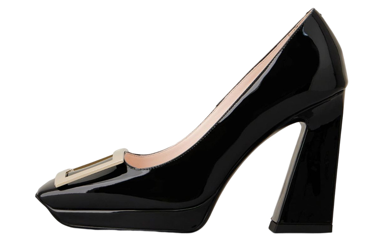 (W) Roger Vivier Patent Leather High Heels 'Metal Buckle Chunky Heel Black'