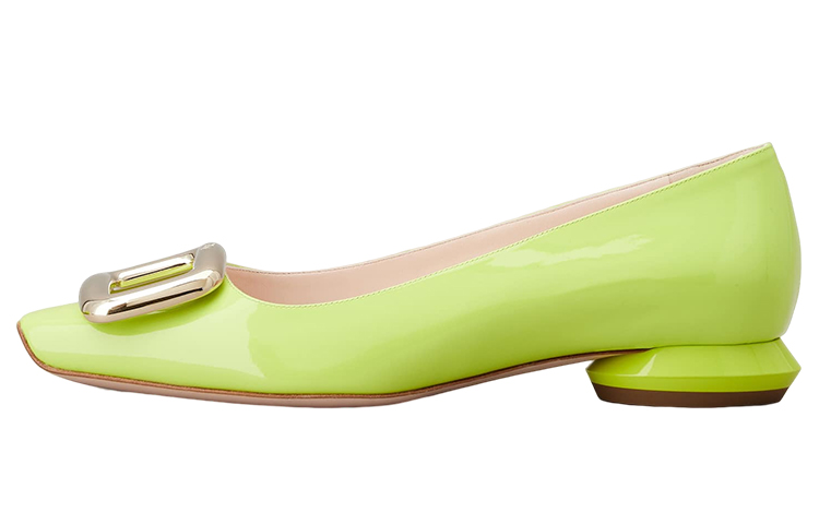 (W) Roger Vivier Patent Leather Square-Toe Flats 'Green Metal Buckle'