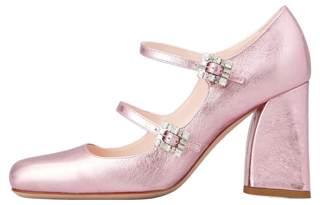 (Women) Roger Vivier Pink Leather Mary Jane Block Heels 8cm Fashionable Design RVW52235690T0HL203