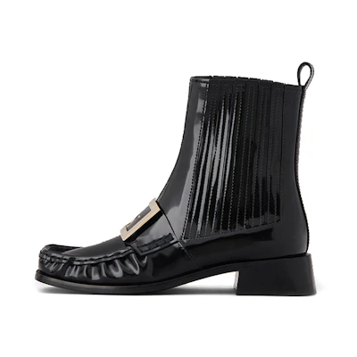 (W) Roger Vivier Preppy Viv 'Black Patent Chelsea Boot with Metal Buckle'