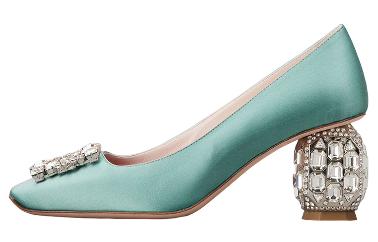 (W) Roger Vivier Satin Crystal Buckle Chunky Heel 'Green'
