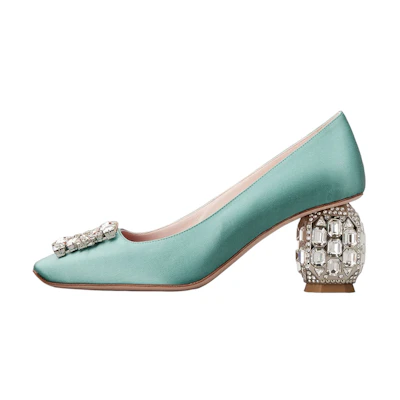 (W) Roger Vivier Satin Crystal Buckle Chunky Heel 'Green'