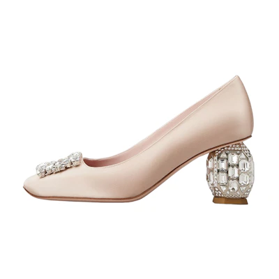 (W) Roger Vivier Satin Crystal Buckle Chunky Heel 'Pink'
