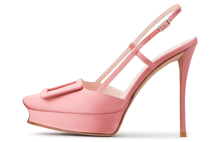 (W) Roger Vivier Satin High Heels with Crystal Buckle and Ankle Strap 'Pink'