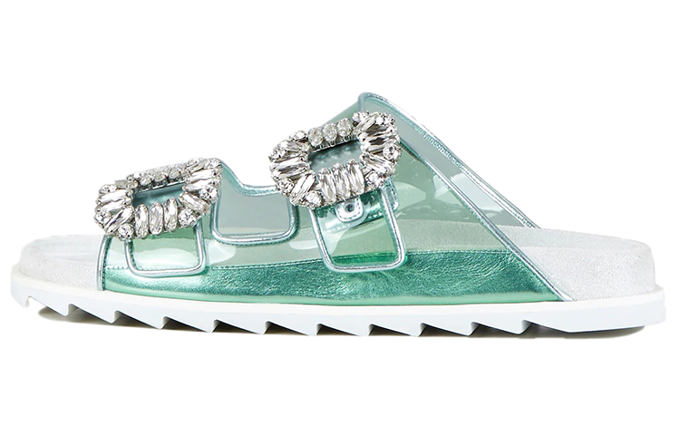 (W) Roger Vivier Slidy Viv' Strass Buckle Mules 'Green'